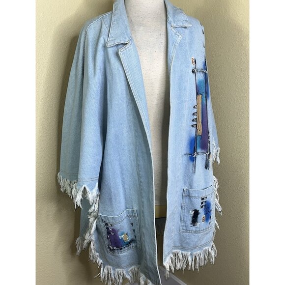Denim Fringed Jacket XL Southwestern Painted Cotton Open Front Whimsiegoth Hip - Picture 2 of 13